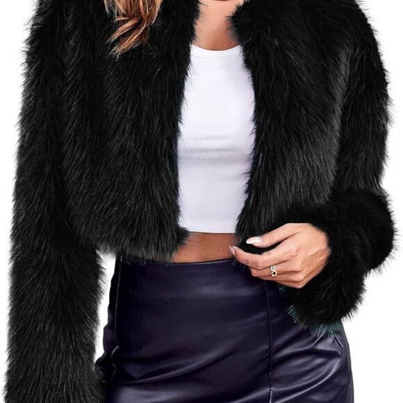 Women's Fashion Cropped Faux Fur Jacket Long Sleeve Open Front Cardigan Casual F